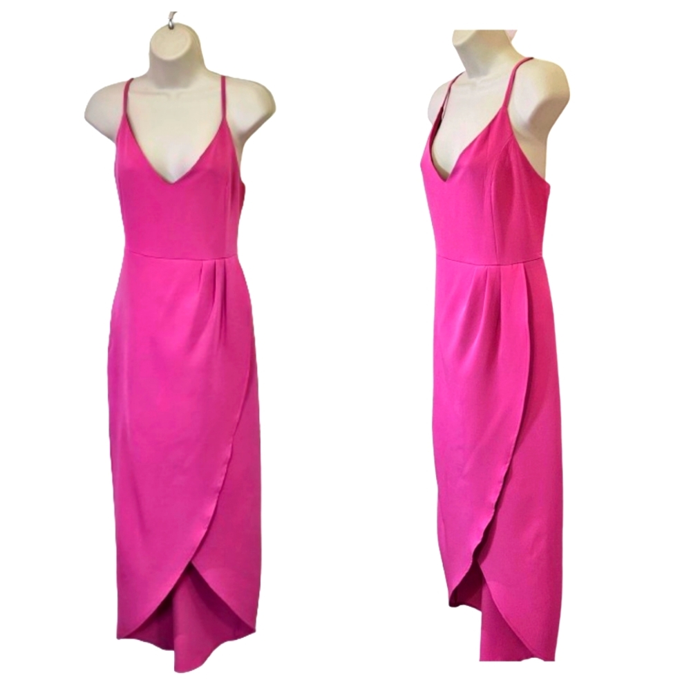 CMZ2005 Hot Pink Faux Wrap Strappy Sleeveless High/Low Cocktail Dress,Size 12-14